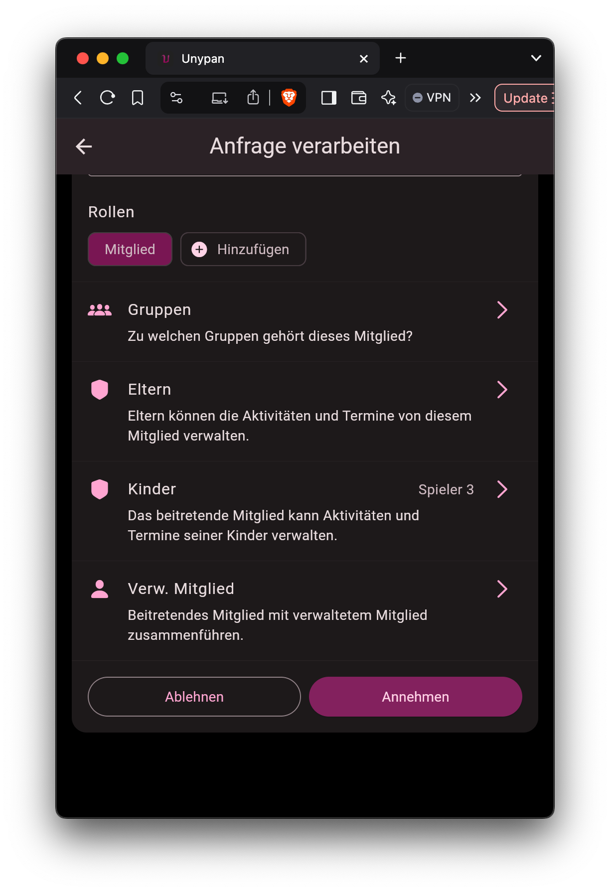 Detail Ansicht der Anfrage zum Beitritt